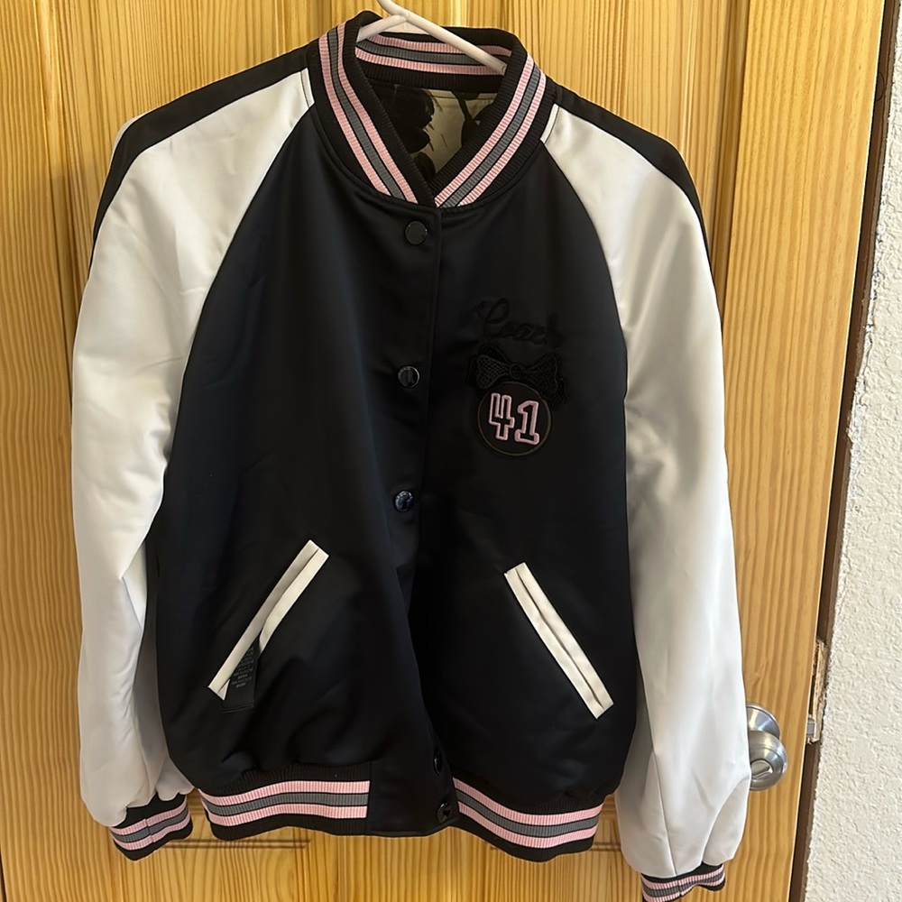 Coach reversible rose bomber varsity letter preppy jacket coat black and pink